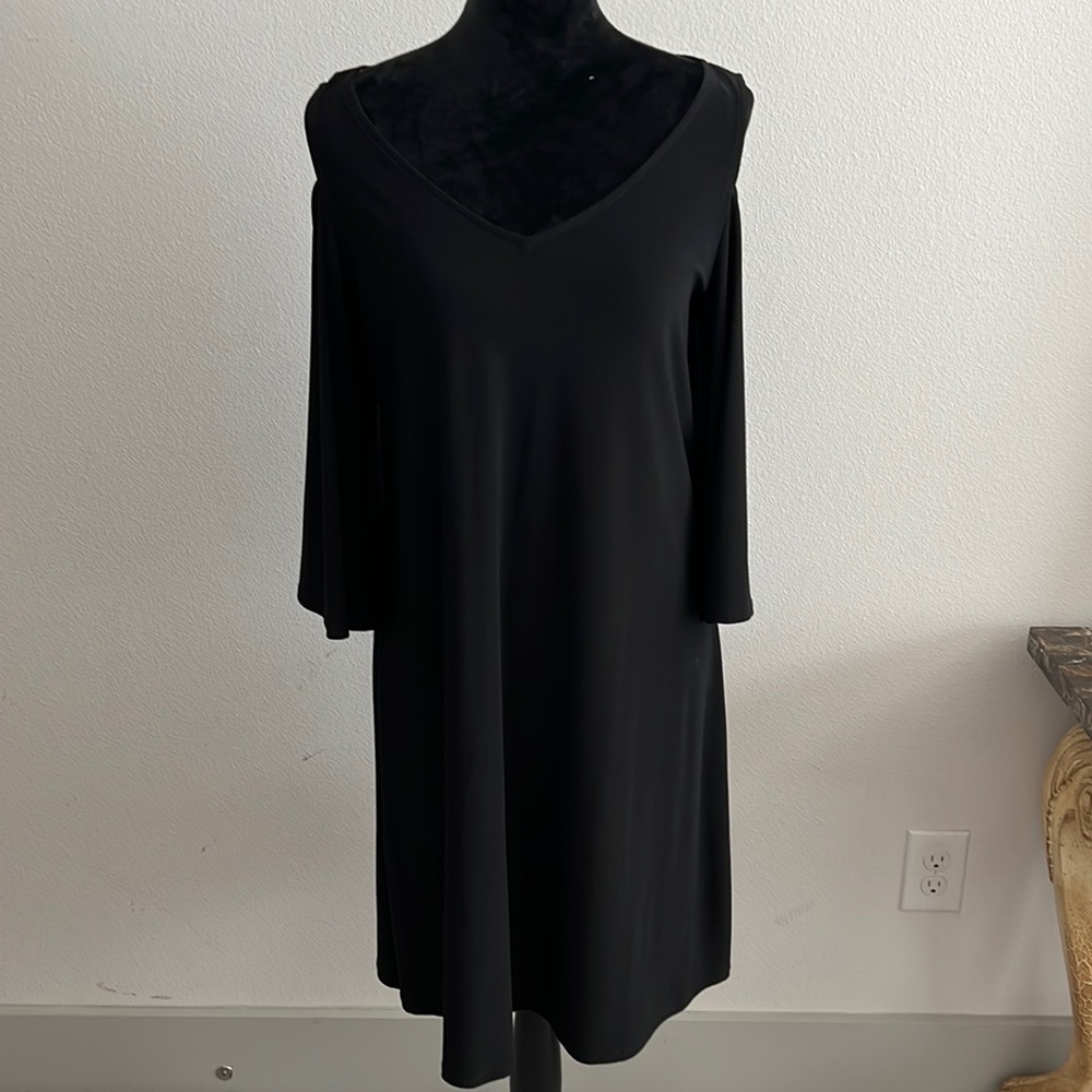 MSK little black dress Sz L cold shoulders 3/4 sleeves V neck